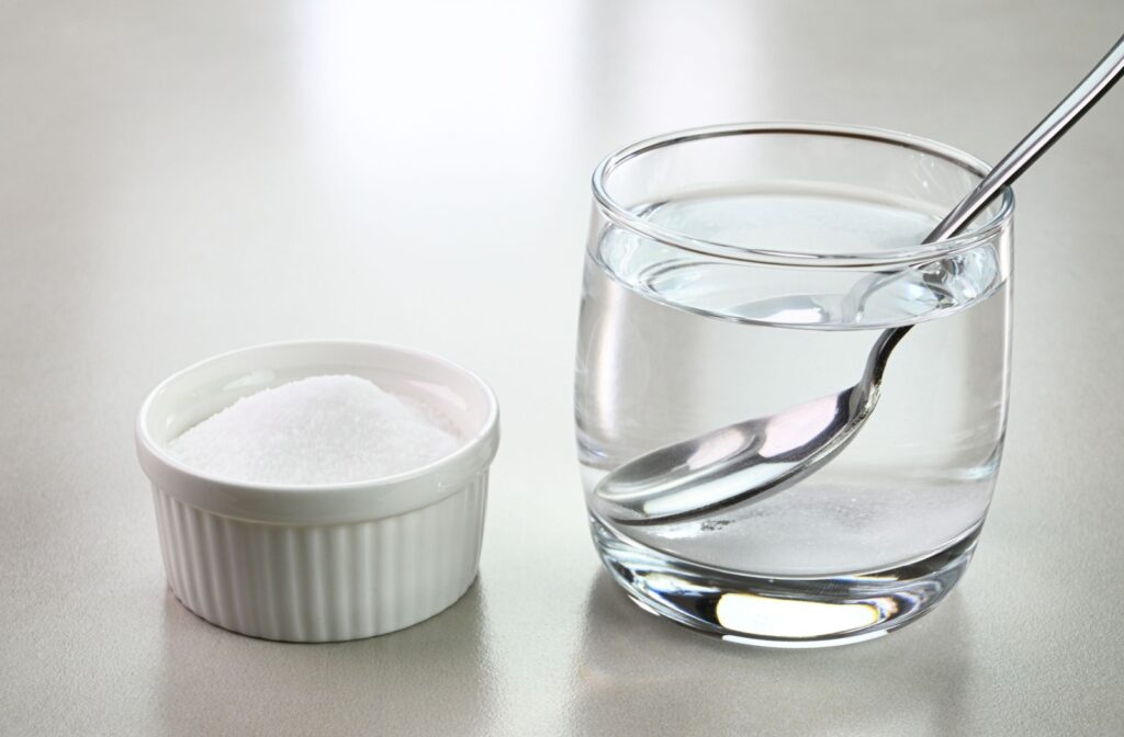 A container of salt sitting next to a glass of water.